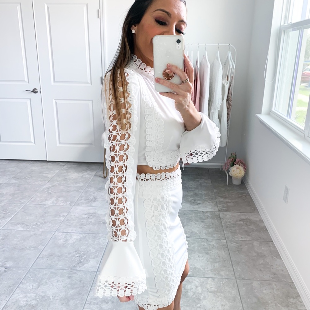 White Guipure Lace Two Piece Top Skirt Coord Set - Picture 9 of 15
